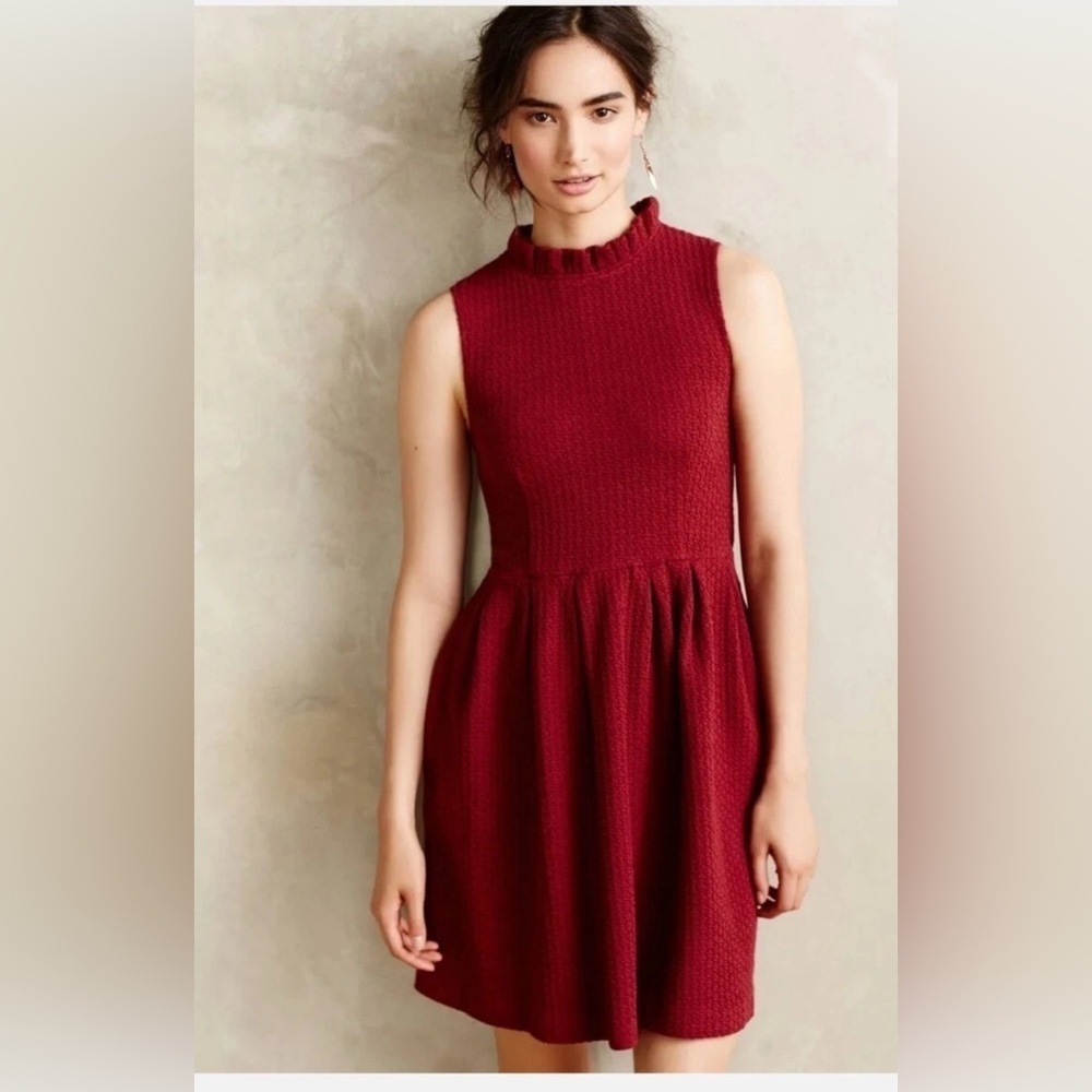 Anthropologie Ganni Pinnacle Textured Dress Ruffle Mini Maroon Dress Size S